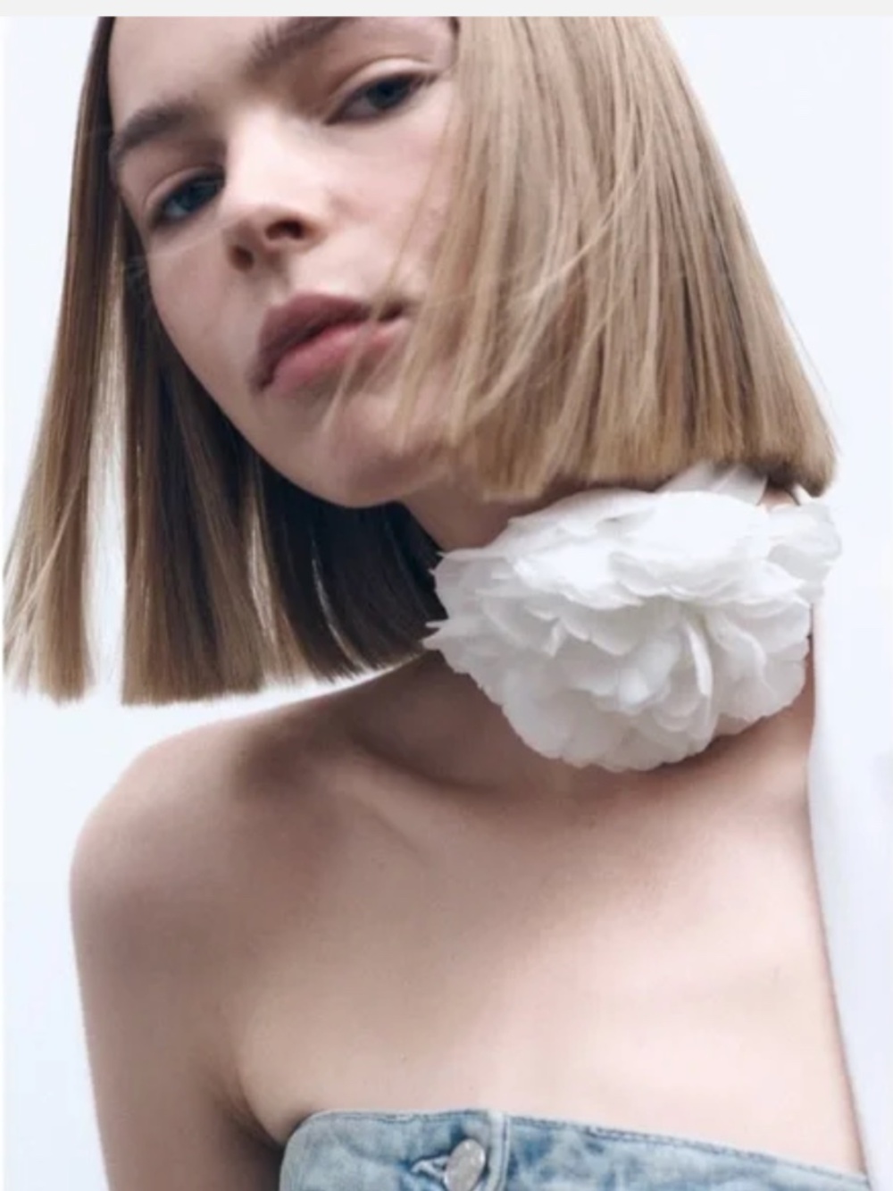 Zara oversized floral appliqué slim scarf tie necklace accessory white NWOT